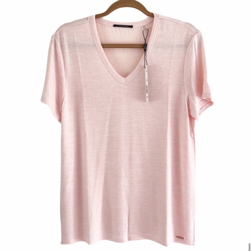 T TAHARI Short Sleeve V-Neck Rayon Blend Jersey Top, Pink, Medium, NWT